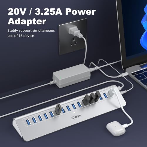 Powered USB Hub 10Gbps, intpw 16-Port USB 3.2/USB A Hub (16 x USB-A 3.2), USB Hub Powered with 65W Power Adapter, 3Ft Cable, Aluminum USB Hub for PC/Laptop,Computer, Flash Drive, Printer, Camera - Image 6