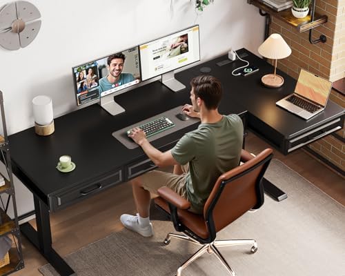 OffiGo 63 Inch L Shaped Standing Desk with 4 Wooden Drawers, Black - Image 2