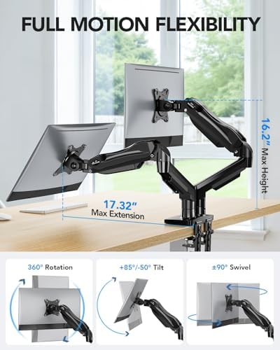 HUANUO Dual Monitor Stand, Fully Adjustable Gaming Monitor Desk Mount for 13–27″ Computer Screens, Full Motion VESA 75x75/100x100 with C-Clamp & Grommet Base, Each Arm Holds 4.4 to 19.8 lbs - Image 3