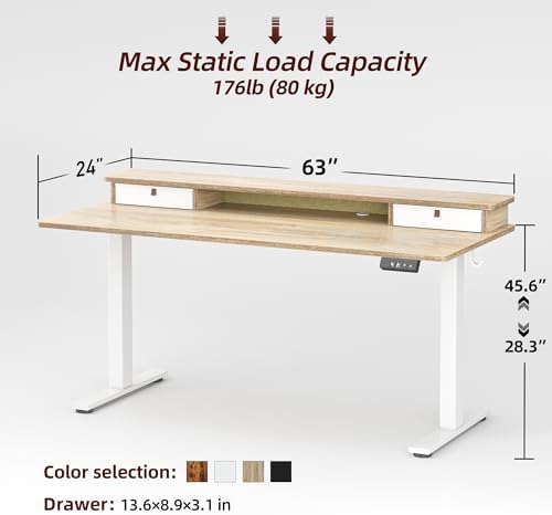 TIQLAB Standing Desk with Two Drawers, Stand Up Standing Desk Adjustable Height, Electric Sit Stand Table with Storage Shelf and Splice Board, 63 * 24 inch, Maple - Image 3