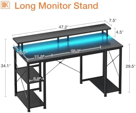 ODK 48 Inch Gaming Desk with LED Lights & Storage Shelves, Carbon Fiber - Image 3
