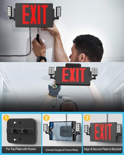 Sunco 12 Pack Black Exit Signs With Emergency Lights, Two Adjustable LED Lights, 94V-0 Fire Resistant, Backup Battery, 120-277V, Wall Or Ceiling Mount, Commercial Grade UL - Image 6