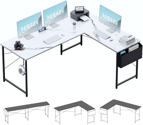 Pamray 64.5 Inch Reversible L Shaped Gaming Desk Large Corner Computer Desk with Storage Bag Home Office Table for Writing Study Marble by PAMRAY