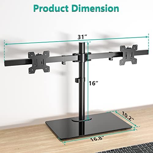 WALI Free Standing Dual Monitor Stand, Height Adjustable Monitor Mount with Glass Base, Fits LCD LED Flat Curved Screen up to 27 inch, 22lbs, with Grommet Base (GMF002) - Image 4