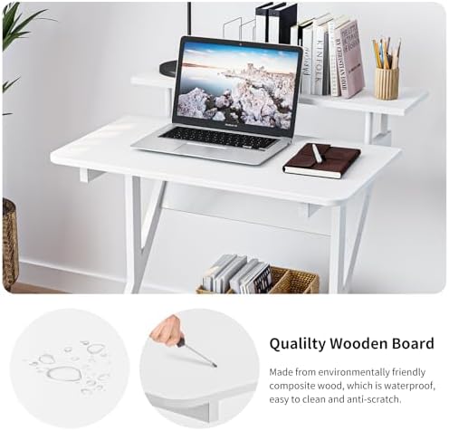 Dripex Computer Desk for Small Spaces, 27.5 inch Small Computer Desk, 3 Tier Compact Desk with Monitor Shelf and Bottom Storage Shelves, Space Saving Desk, White - Image 5