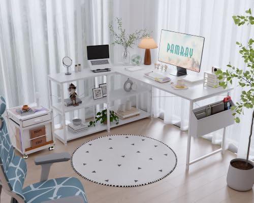 Pamray 57.5 Inch L Shaped Computer Desk with Reversible Side Storage Shelves, Small Corner Desk for Small Space Home Office,Writing Study Table PC Desk for Bedroom,White - Image 2