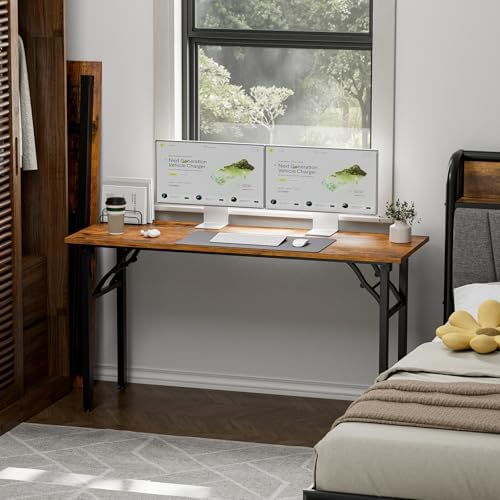 TEMI Long Computer Desk Folding Table - 55.1 Foldable Office Desk, No Assembly, Perfect Writing Table for Bedroom, Dorm, or Apartment, Portable Large Desk or Study Table with Compact Design, Brown - Image 2