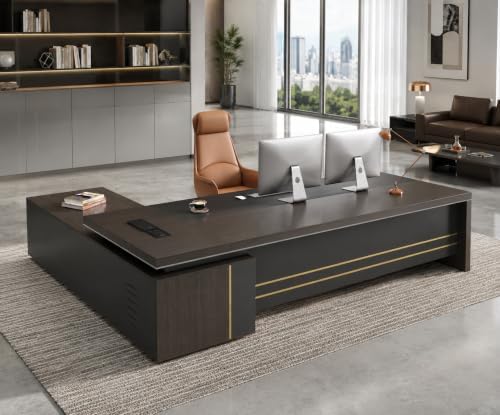 95" L-Shaped Executive Desk with Reversible Return, Modern Office Desk with Drawers, Open Shelves, Ventilated CPU Compartment, Built-in Power Hub with AC Outlet, 2 USB A, USB-C, HDMI, RJ45 by ANZHAP-SmartOfficeSolutions