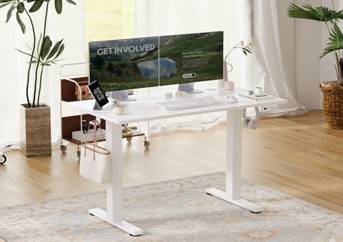 Seang Electric Standing Desk Adjustable Height, 48 x 24 Inch Sit Stand Desk with T-Shaped Frame, 3 Memory Presets & Cable Management for Home Office Computer Workstation, White Frame/White Top - Image 2