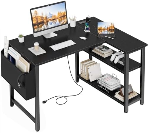 Lufeiya Small L Shaped Desk with Power Outlet Shelves, 40 Inch Corner Computer Desk for Small Space Home Office, L-Shaped Gaming Desk PC Desks with Charging Station, Black by LUFEIYA