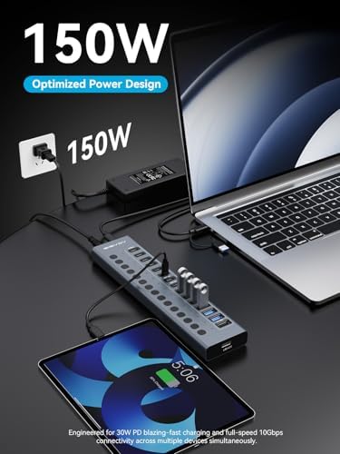 ACASIS Powered USB C Hub, 16-in-1 USB 3.2 Hub 10Gbps, 6 USB-A 3.2 + 2 USB-A 2.0+ 8 USB-C 3.2 Ports, Dual USB-C PD 30W, 150W Adapter, 3.3FT Cable, Aluminum USB Hub for PC, Laptop, Mac mini, iMac, iPad - Image 5