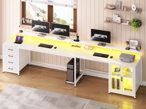 SEDETA L Shaped Gaming Desk with 4 Drawers, 109” Computer Desk with Display Cabinet, Home Office Desks with 2 Monitor Stands, CPU Stand, LED Lights and Power Outlet, White - Image 2