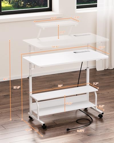 Height Adjustable Standing Desk with Power Outlets and LED Lights - 32" Manual Stand Up Desk with Monitor Stand and Storage Shelves Small Mobile Rolling Computer Desk Portable Laptop Table, White - Image 3