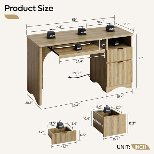 Bestier Computer Desk with Drawer, 55 inch Office Desk with Power Outlet, Modern Home Office Desk with Keyboard Tray (Natual Oak, 55" W with Single-Sided Drawers) - Image 2