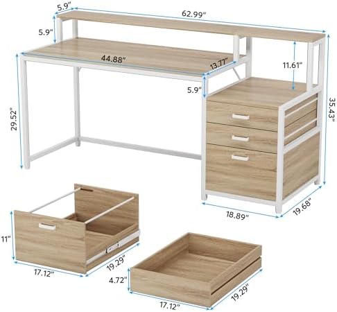 Tribesigns 63 Inch Computer Desk with File Drawer Cabinet, Home Office Desk - Image 2