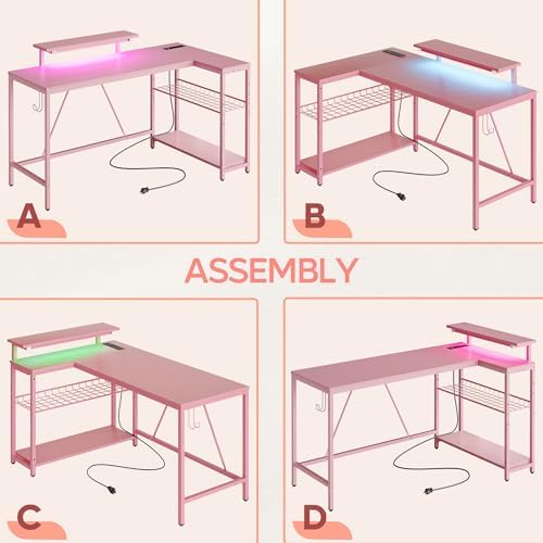 Bestier 52-Inch L-Shaped Gaming Desk with Charging & LED, Pink - Image 5
