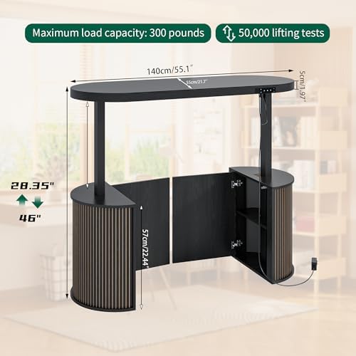 Mid Century Modern Electric Standing Desk with Storage, 55 x 22 Inch Small Sit Stand Up Desk, Wood Adjustable Height Computer Executive Desk for Home Office, Laptop, Black - Image 2