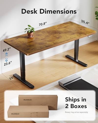 HUANUO 71x35 Inch 3-Stage Legs Electric Standing Desk,Large Height Adjustable Office Desk with Brushless Motor,Stand Up Desk with 4 Memory Presets & 2 Hooks,Computer Desk for Home Office,Vintage Brown - Image 3