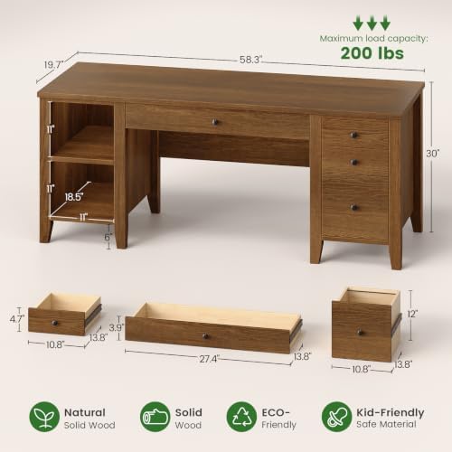 SEDETA Solid Pine Wood Computer Desk, 58'' Executive Home Office Desk with 4 Wood Drawers and Storage Shelves for Work Study Writing, Brown - Image 2