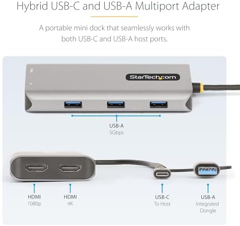 StarTech USB-C/A Dual-HDMI Adapter, 4K 30Hz and 1080p, 3X USB-A 5Gbps Hub - Image 4