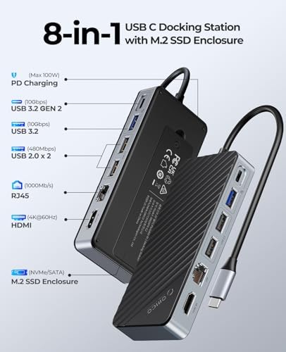 ORICO USB-C Hub with M.2 SSD Enclosure, 8-in-1 USB C Docking Station Fits M.2 NVMe/SATA SSD, 10Gbps, 4K@60Hz HDMI, 100W PD, Ethernet - OM28PR - Image 2