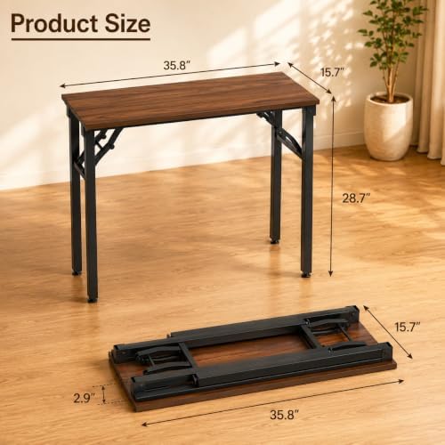 Folding Table Computer Desk - 35.8" No Assembly Folding Desk Design and Foldable Office Desk, Small Desk for Bedroom, Compact Storage Portable Use for Dorm and RV Small Space, Dark Walnut - Image 3