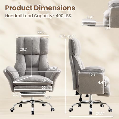 Big and Tall Office Chair with Flip Arms and Footrest, Teddy Criss Cross Legged Home Office Desk Chair with Pet Seat, Comfy Reclining Computer Gaming Chair, Grey - Image 5