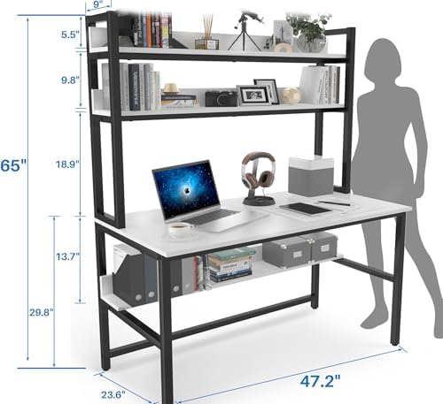 Aquzee Computer Desk with Shelves, 47" W x 23.6" D Gaming Desk with Hutch and Bookshelf, White Study Table for Bedroom Space Saving with 3 Tier Storage Shelf, Home Office Desk for Writing Work - Image 2