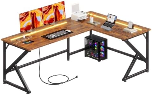 39.4'' L Shaped Gaming Desk with LED Lights & Power Outlets, Rustic Brown by GRANNYSAYS