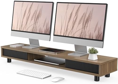 Fenge Dual Monitor Stand with Storage, Desk Shelf with Glass Sliding Door by Fenge