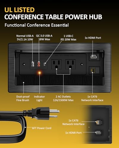 Kungfuking Conference Table Power Hub, Outlet Multimedia Connectivity Box with 1 HDMI + 1 RJ45 + 20W USB C + 2 USB A + 2 AC Outlets, Heavy Duty Metal Table Top Box for Countertop Office UL Listed - Image 4