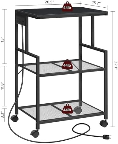 MAHANCRIS Mobile Printer Stand, 3-Tier Industrial Printer Cart with Power Outlets and 2 USB Ports, Rolling Printer Table on Wheels for Home Offices Kitchen Organization Rack, Black PTHB78E01 - Image 4