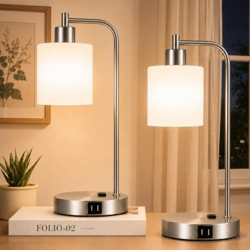 Set of 2 Industrial Touch Control Table Lamps with 2 USB Ports and AC Outlet - 3-Way Dimmable Nickel Bedside Lamp Nightstand Desk Lamps for Bedroom Living Room, Opal Glass Shade & 2 LED Bulbs Included by Nintiue