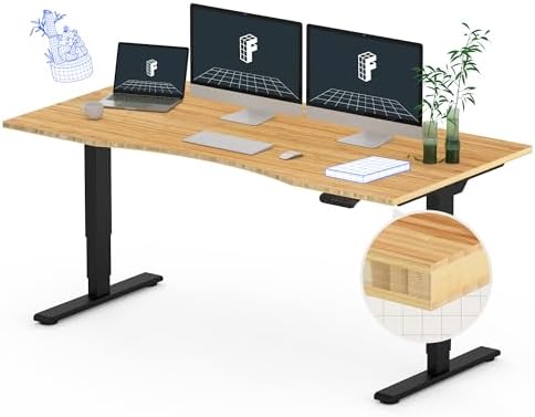 FLEXISPOT E6 Bamboo 3-Stage Dual Motor 60 x 30 Electric Standing Desk Sit Stand Up Desk, Holds 220 lbs, Adjustable Height w/Memory Presets, Solid Bamboo Curved Desktop & Black Frame, Ships in 2 Boxes by Unknown