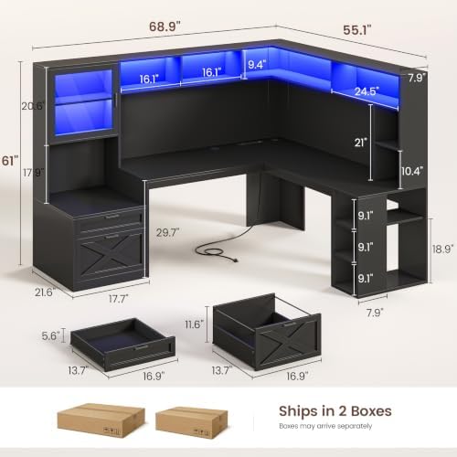 SEDETA 68" Farmhouse L Shaped Computer Desk with Hutch, Storage Drawers - Image 2