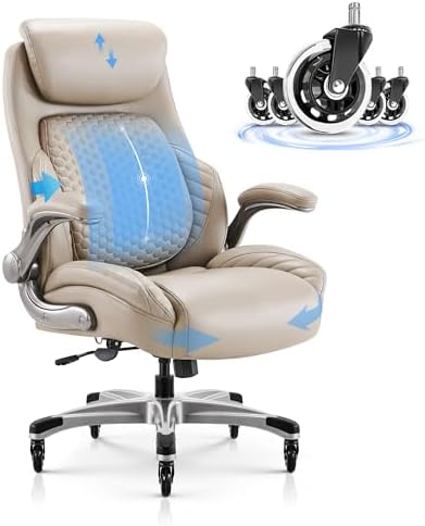COLAMY Office Ergonomic Desk High Back Executive Chair with Pop-Out Lumbar Support, Upgraded Casters, Adjustable Headrest, Flip-Up Arms, Leather Home with Thick Cushion for Comfort - Khaki by COLAMYHOME
