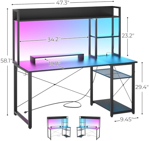 Cyclysio 47'' Gaming Desk with Hutch and Reversible Storage Shelves, Black - Image 2
