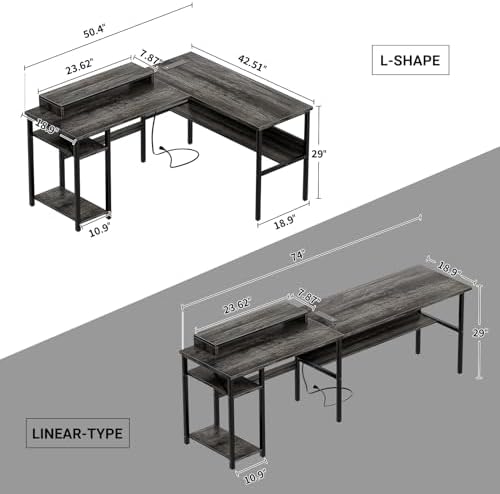 Unikito Reversible L Shaped Desk with Power Outlets and RGB LED Light, Sturdy Computer Desk with Ergonomic Monitor Stand and Storage Shelves, Corner Desk for Home Office, Easy Assembly, Black Oak - Image 3