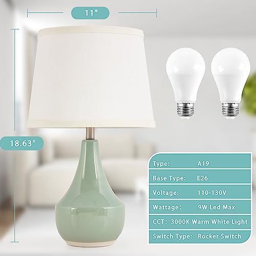 GyroVu 18" Table Lamp Set of 2, Ceramic Table Lamp Classic Beside Lamps Nightstand Lamp Modern Lamp for Living Room, Bedroom & Office Rocker Switch Sage Green-LED Bulbs Included - Image 2