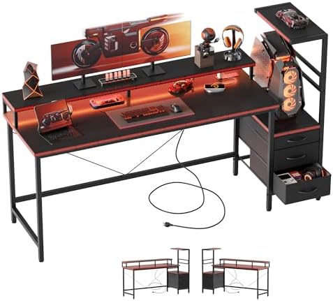 Mericonia 60 inch Gaming Desk with Drawers, Reversible Computer Desk, Black by MERICONIA