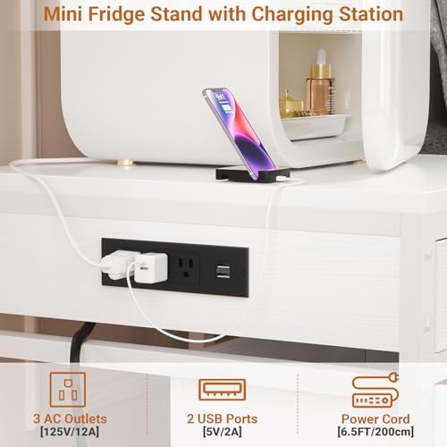 Unikito Mini Fridge Stand with Drawer Storage & Power Outlet, White - Image 3