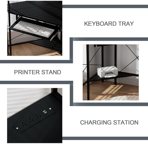 Corner Desk with Hutch and LED Light, Keyboard Tray, Black - Image 5