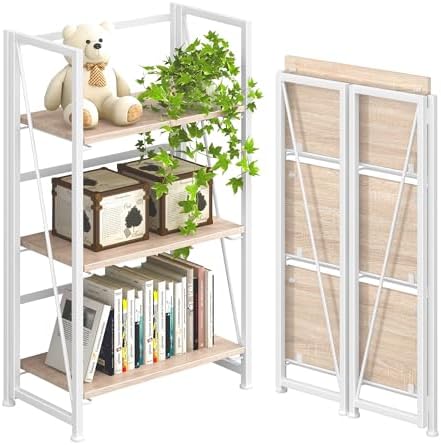 4NM No Assembly Folding Bookshelf Storage Shelves 3 Tier Vintage Bookcase Standing Racks for Bedroom Living Room Home Office by 4NM