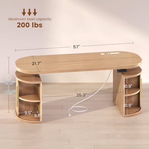SEDETA 57" Standing Desk with Storage, Electric Height Adjustable Executive Fluted Desk with Curved Cabinets, Computer Desk with Power Strip for Home Office, Light Oak - Image 2
