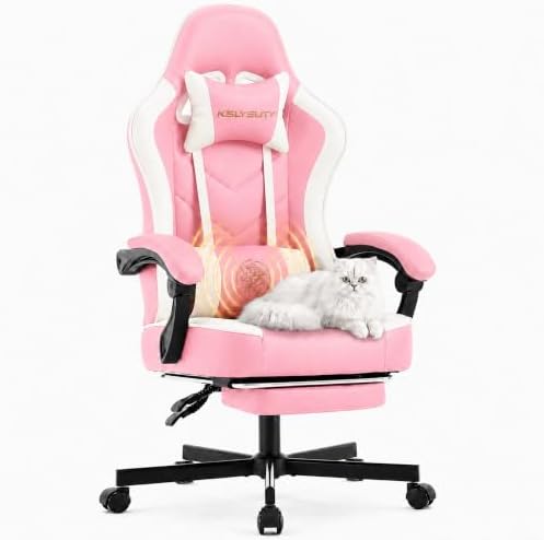Desk Computer Gaming Chair - High Back Ergonomic Office Chair with Footrest and Lumbar Support, Swivel Comfy Home Gamer Video Game Chairs with Pocket Spring Cushion for Adults (Pink Leather) by KslysutyFurniture