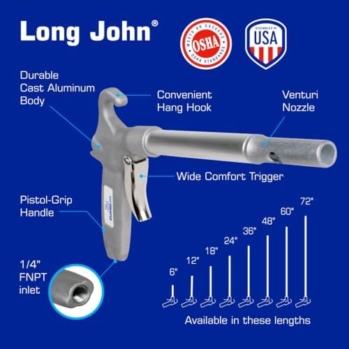 Guardair Long John Safety Air Gun with 24-Inch Aluminum Extension, High Performance OSHA Compliant Alloy Nozzle Gray/Silver (75LJ024AA) - Image 4