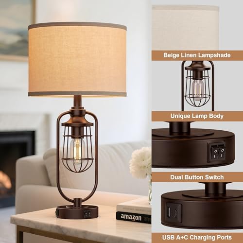 24" Rustic Farmhouse Table Lamps Set of 2 for Living Room, USB A+C - Image 5