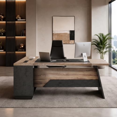 Office Desk with Drawers, 78.74 Inches L-Shape Executive Desk, Industrial Wood Desk with Storage Shelves, Modern Computer Desk for Home Office, Black and Wood, Right - Image 3