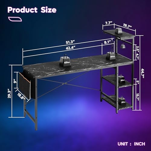 Bestier Gaming Desk with LED Lights, 51.3 Inch Computer Desk with 4 Tiers Reversible Shelves, Gamer Desk with Side Storage Bag, Hooks and Height Adjustable Shelf (Black Marble) - Image 2