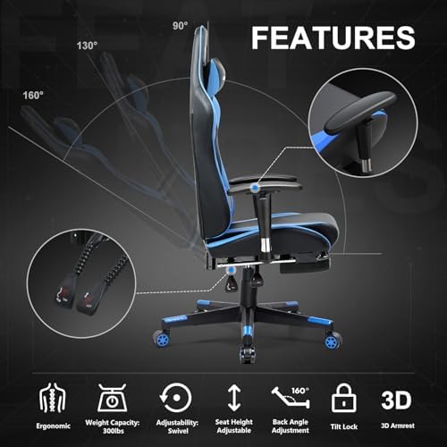 GTPLAYER Gaming Chair Racing Office Computer Game Desk Chair Ergonomic Backrest and Seat Height Adjustment Swivel Rocker with Headrest and Lumbar Pillow E-Sports Chair Black (Blue) - Image 6
